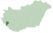 A map of Hungary with each region outlined, the Nagykanizsa region is highlighted in green in the bottom-left of the countries, corresponding to the southwest