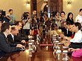 Romanian president Traian Băsescu (left) at a meeting with the representatives of the Romani minority organizations (right)