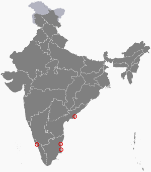 alt=The map of India showing Puducherry French: Territoire de Pondichéry Tamil: புதுச்சேரி ஒன்றியப் பகுதி Telugu: పుదుచ్చేరి కేంద్రపాలిత ప్రాంతము Malayalam: പുതുച്ചേരി കേന്ദ്രഭരണപ്രദേശം