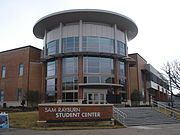 A statue of Rayburn in front of the Sam Rayburn Student Center (opened in 2009) at East Texas A&M University