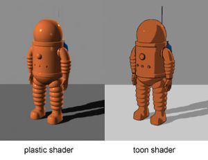 A representation of a space suit from Tintin's Explorers on the Moon with a basic cel-shader (also known as a toon shader) and border detection.