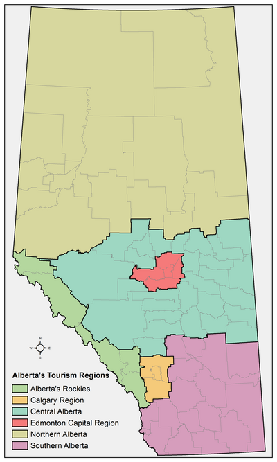 Alberta's regions as described in Wikipedia as of May 15, 2013 and showing extent of Statistics Canada (StatCan) census consolidated subdivisions and the StatCan-defined Calgary-Edmonton Corridor