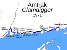 A map of southern Connecticut showing the Clamdigger service. It runs between New London and New Haven with nine intermediate stops marked.