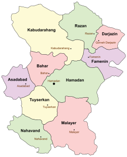 Location of Asadabad County in Hamadan province (left, purple)