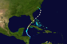 Colored dots superimposed on white line passing over green land masses and blue water bodies