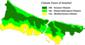 A map showing Istanbul, classifying the south as Mediterranean, the central regions as humdi subtropical, and the north as oceanic.