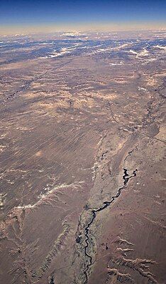 Polacca Wash, crossed by Arizona Route 87, with First Mesa and Second Mesa visible in the distance