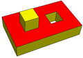 Toroid (genus 1) with one 2-holed-face, and one 1-holed-face. V=24, E=36, F=15, H=3. 3-connected