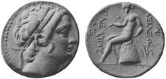 Silver coin of Seleucus III. Reverse shows seated Apollo holding bow and arrow. Greek legend reads: ΒΑΣΙΛΕΩΣ ΣΕΛΕΥΚΟΥ, Basileōs Seleukou, "of king Seleucus".