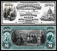 Obverse and reverse of a one-thousand-dollar National Bank Note