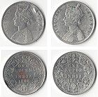 Two silver rupee coins issued by the British Raj in 1862 and 1886 respectively, the first in obverse showing a bust of Victoria, Queen, the second of Victoria, Empress. Victoria became Empress of India in 1876.