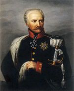 Painting of a white-haired, mustachioed man with a stern expression. He wears a dark blue military uniform with a large iron cross at his neck.