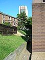 A view of the campus of Stevens Institute of Technology, with Palmer Hall on the left and the Wesley J. Howe Center in the background. Taken from the Samuel C. Williams Library Loading Dock.