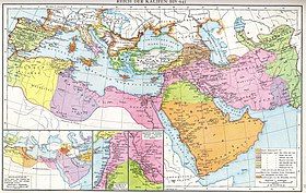 Multi-color map of the Mediterranean and the Middle East, showing the phases of Muslim expansion to the 10th century