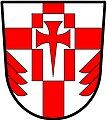 a cross enhanced - Argent; a cross enhanced gules, over all a billet charged with a cross pattée fitchée, all counterchanged and in base issuant from each flank a demi fir tree in pale gules - St. George's Church Pickering Village, Canada