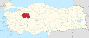 Eskişehir highlighted in red on a beige political map of Turkeym