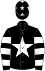 Black, white star, hooped sleeves, black cap, white stars