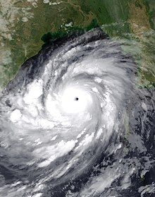 Cyclone Phailin on October 10. The cyclone is off the coast of eastern India, and is very large. The Andaman and Nicobar Islands can be seen to the right of Phailin. It has a very distinct and clear eye at its center.