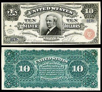 Ten-dollar silver certificate from the series of 1886, by the Bureau of Engraving and Printing