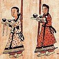 Goguryeo servants wearing a Chima (skirt) and a long jeogori jacket, Goguryeo mural paintings in Jilin province, China, 5th-century CE