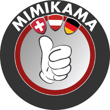 A white gloved hand in a grey circle giving a thumbs up, above the hand are the three flags of Switzerland, Austria, and Germany within shields. Above them is the word MIMIKAMA in block capitals