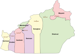 Location of Damghan County in Semnan province (center, yellow)