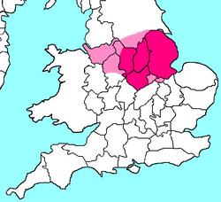 Counties typically included in the North Midlands are highlighted in pink. Counties sometimes included in the North Midlands are highlighted in light pink.