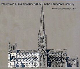 The Abbey in the 14th century: only the brightened area is now used, following collapses of the spire and west tower