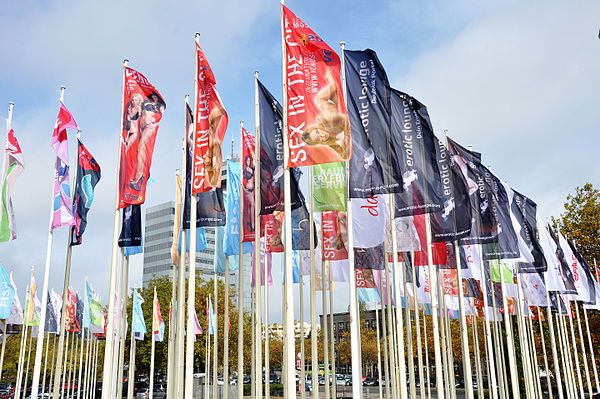 Flags at the Venus Berlin exhibition entrance, 2014