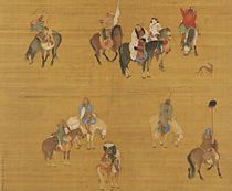 A square painting depicting ten men on horseback. Some of the men are carrying weapons, including one with a drawn bow and one with a spear. In the upper center is Kublai, in a red outfit and a thick white fur with black trim. He is unarmed.