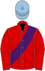 Red, purple sash, light blue cap