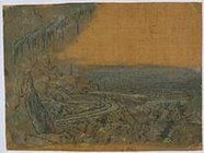 Seghers, Landscape with overhanging fir, c. 1615-30; etching and colour on linen