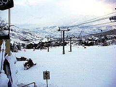 The base of Snowmass Mountain, including a view of Snowmass Village in January 2008