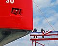 Breaking the champagne bottle on the bow of USCGC Mackinaw on launch day, April 2, 2005.