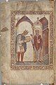 A page from a copy of Bede's Lives of St. Cuthbert, showing King Athelstan presenting the work to the St. Bede. This manuscript was given to St. Cuthbert's shrine in 934.