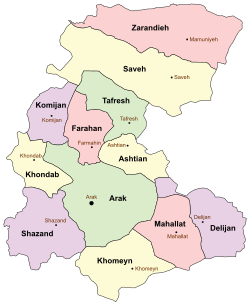 Location of Tafresh County in Markazi province (top center, green)