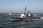 The two competing designs: an Arleigh Burke class destroyer (front) with a F100 class frigate (rear)