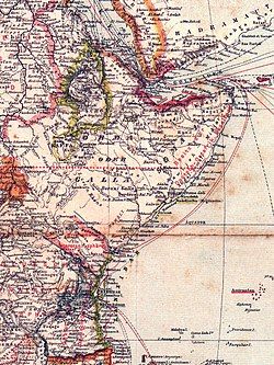 Overview map of Africa, status of the colonial division in 1887, possessions and protected areas according to the German-British demarcation of interests from 1886, before the division of the Zanzibari mainland property in 1888