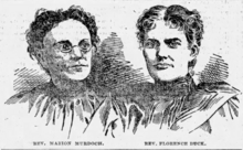 An illustration of Marion Murdoch and Florence Buck, two white women wearing dark dresses with high collars