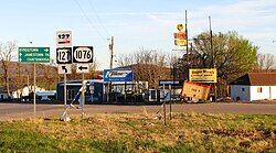 The intersection of U.S. Route 127, Kentucky Route 1076 and Tennessee State Route 111 in Static, as seen from the Kentucky side prior to 2011