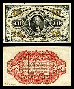 Third issue of the ten-cent fractional currency, by the United States Department of the Treasury