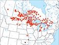 Location of all Anishinaabe Reservations/Reserves and cities with an Anishinaabe population in North America, with diffusion rings about communities speaking Anishinaabe languages