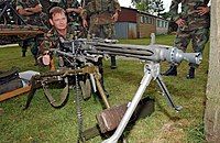 MG 3 in the heavy machine gun setup on a Feldlafette tripod with mounted optical sight