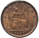 Copper coin of a seated woman Britannia