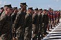 U.S. Marines standing in formation next to the Military Band of the General Staff during the opening ceremony of Khaan Quest 2012