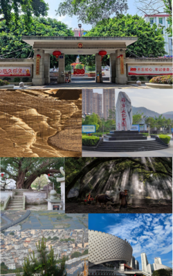 People's government of Xiapu County, Xiaohao Mudflat in Sansha Town, view of Guxian country (古县村), Chinese burbur on a Pinus massoniana, Xiapu Museum, view of Yangjiaxi Scenic Area, Funing Cultural Park (counterclockwise order)