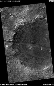 Trough cutting through an impact crater, as seen by HiRISE under HiWish program