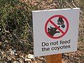 This sign discourages feeding coyotes, which can result in aggressive behavior toward humans[9][15]