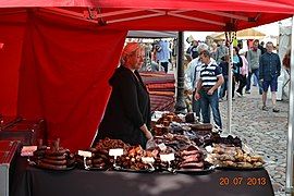 Traditional sausages at display in an Estonian street market, 2013.