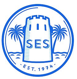 SES Emblem. Tower surrounded by palm trees, displaying name & slogan.